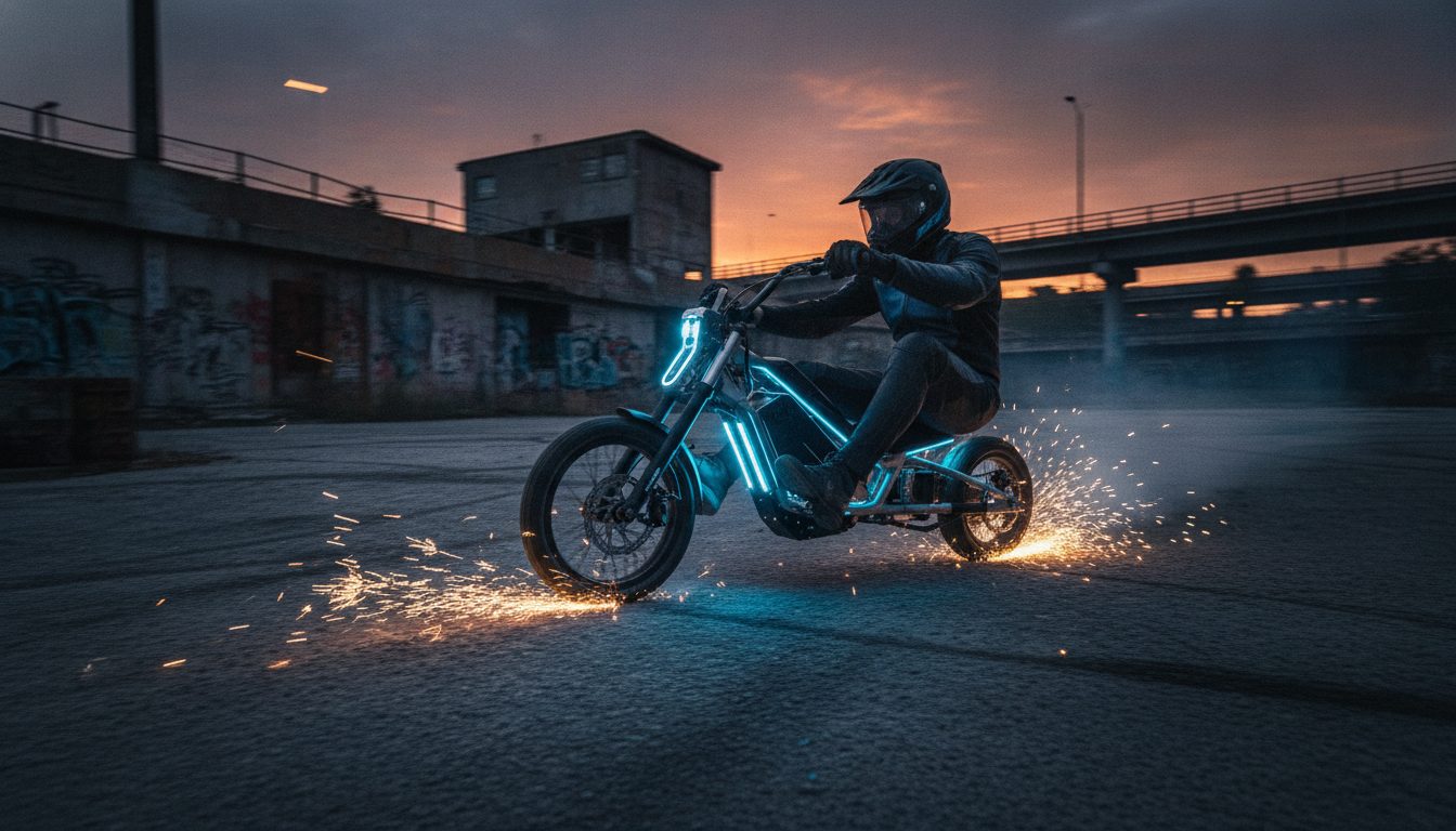Rider sliding an electric drift trike under a bridge at dusk